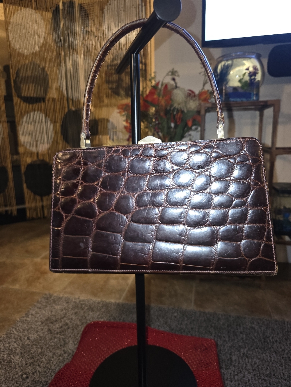 VINTAGE Classic Croc-Embossed Top-Handle Bag in Dark Brown EUC - Picture 2 of 13